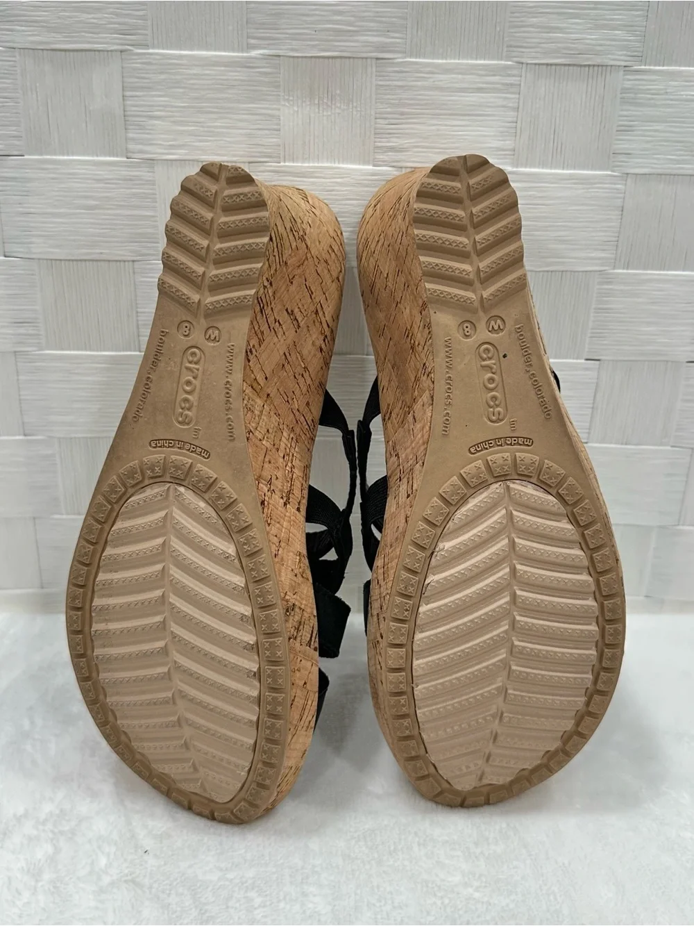 Crocs Black Strappy Stretch Cork Wedge Sandals Women’s Size 8 Comfort Slides